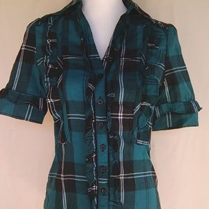 Blue V Neck Plaid Ruffle Trim Button Down Shirt